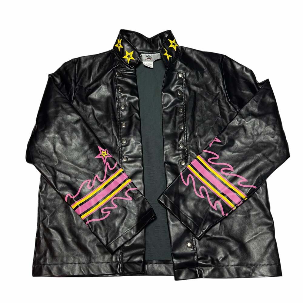 WWE 2024 Black Faux Leather Wrestling Entrance Jacket with Star and Flame Detail